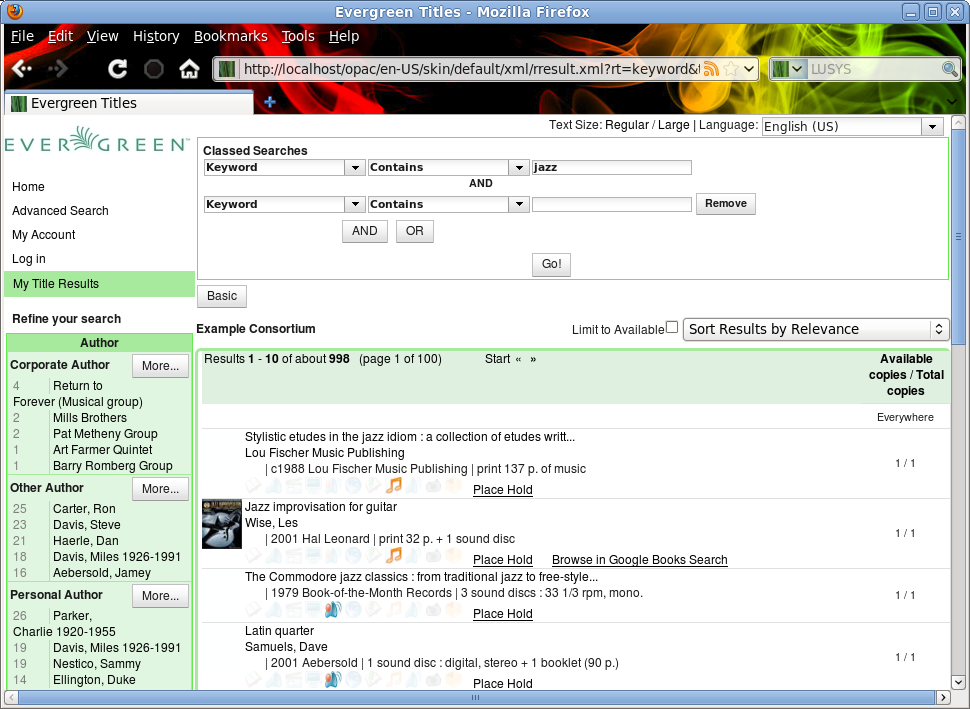 Evergreen 2.0 inline advanced search interface showing AND and OR options