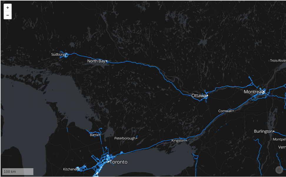 Map showing Northern Ontario with line from Sudbury to Ottawa